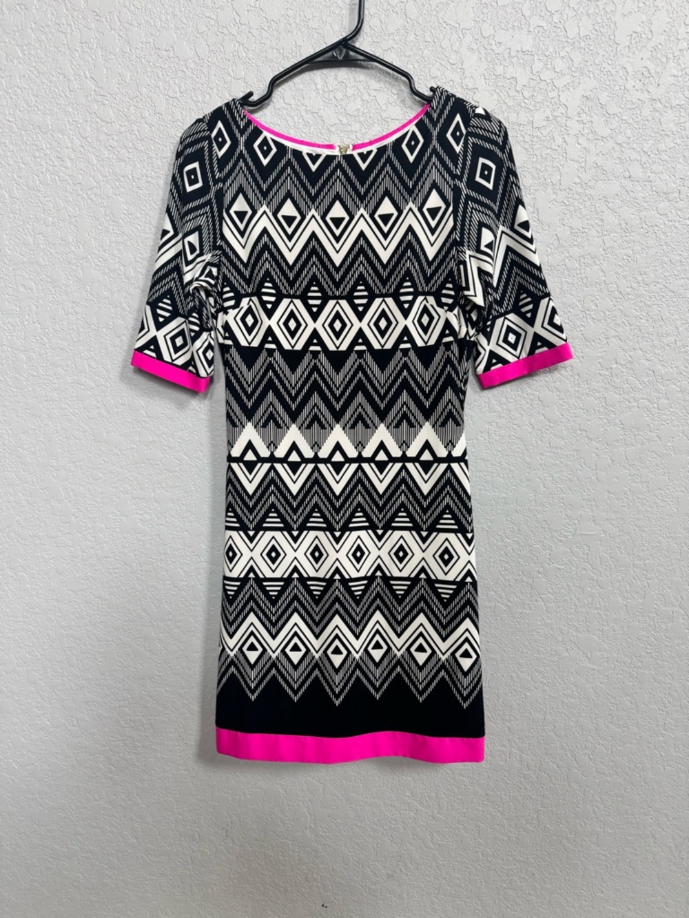 Eliza J Black & White Geo Print Dress with Pink Trim